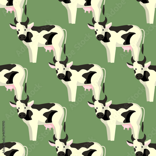 Seamless pattern cow on pastel green background. Texture of farm animals for any purpose.