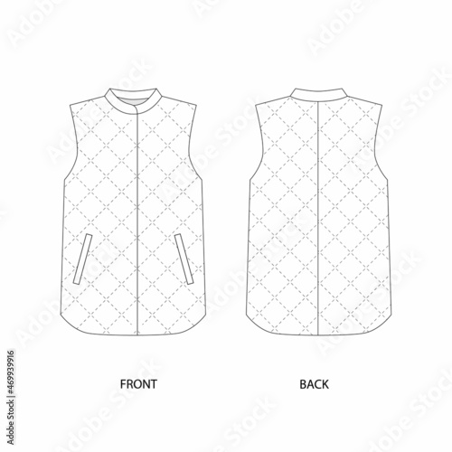Vector illustration of a vest with stitching. Vest template design. Sleeveless technical sketch. 