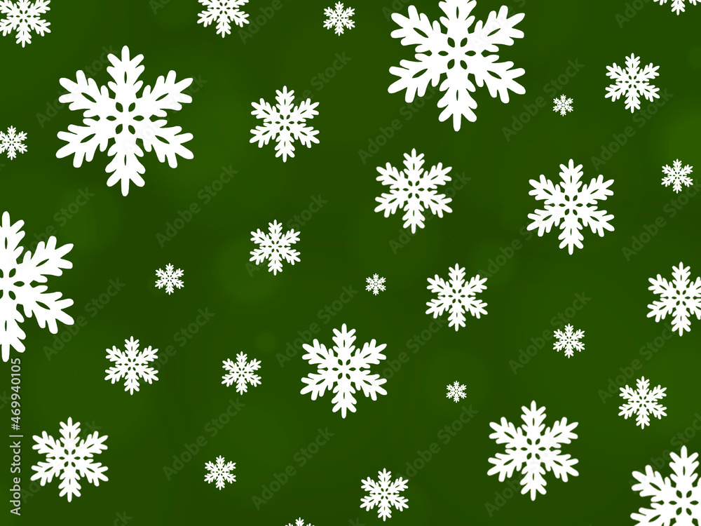 Green background with snow flakes Green background with snow flakes