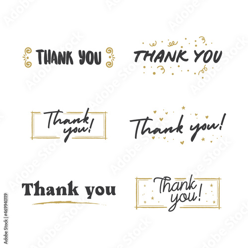 Thank You lettering compositions written with decorative calligraphic font. Bundle of gratitude phrase decorated with cute elements. Hand drawn thanks vector quotes.