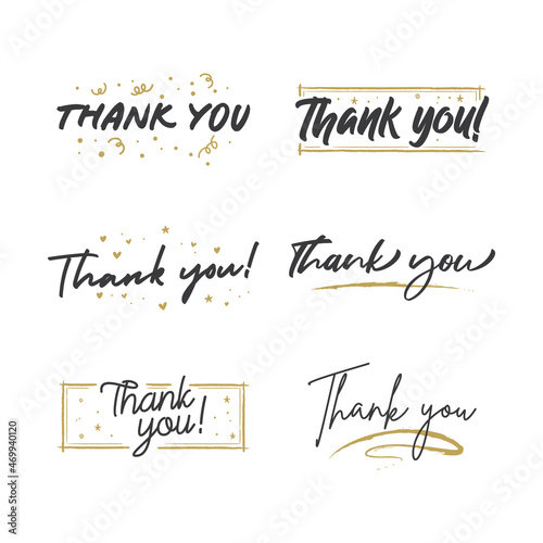 Thank You lettering compositions written with decorative calligraphic font. Bundle of gratitude phrase decorated with cute elements. Hand drawn thanks vector quotes.