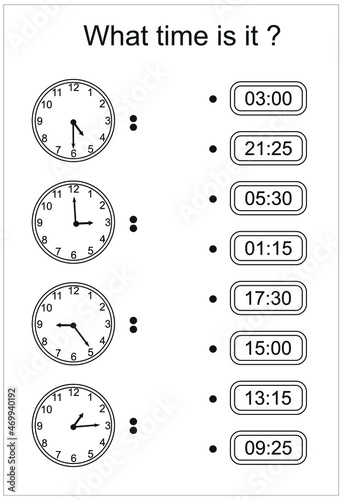 Game for kids. What time is it? Educational exercises for kids. Worksheets for practicing motor skills of children. Useful games for preschool and kindergarten. Black and white