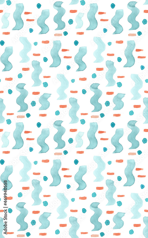 Teal waves watercolor background, vertical bluegreen wavy seamless pattern as surface design watercolor pattern