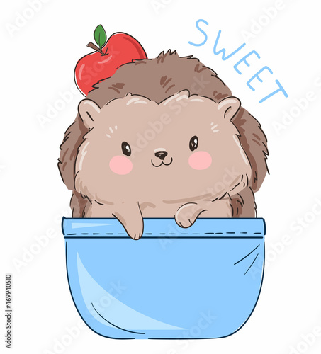 Hand Drawn cute hedgehog sitting in pocket vector illustration childish print and poster