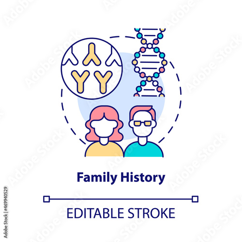 Family history concept icon. Arthritis risk factor abstract idea thin line illustration. Genetic joint disease. Inherited illness. Pain in knee. Vector isolated outline color drawing. Editable stroke