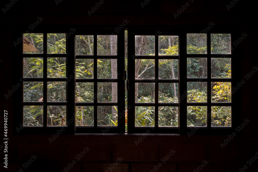 A window with Atlantic Forest view, viewed form the inside of a country home, Rio de Janeiro, Brazil