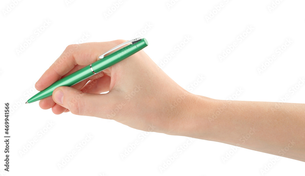 Woman holding pen on white background, closeup Woman holding pen on white background, closeup