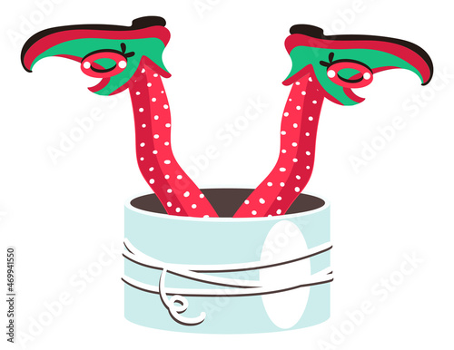 Elves feet stick out from gift box. Funny winter holiday symbol