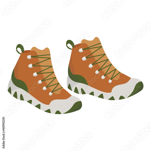 Colorful tourist boots in flat style. Brown camp and hike shoes. Vector isolated illustration on a white background