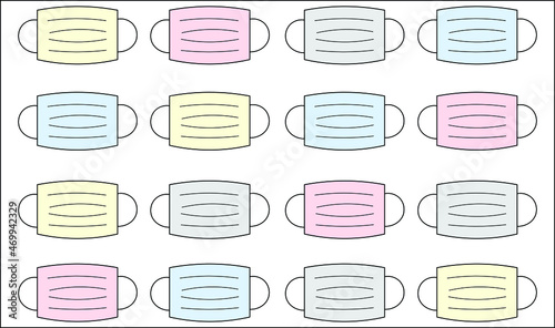 Vector illustration of colorful medical face masks in straight lines on white background. Virus protection. Coronavirus. Healthcare background.