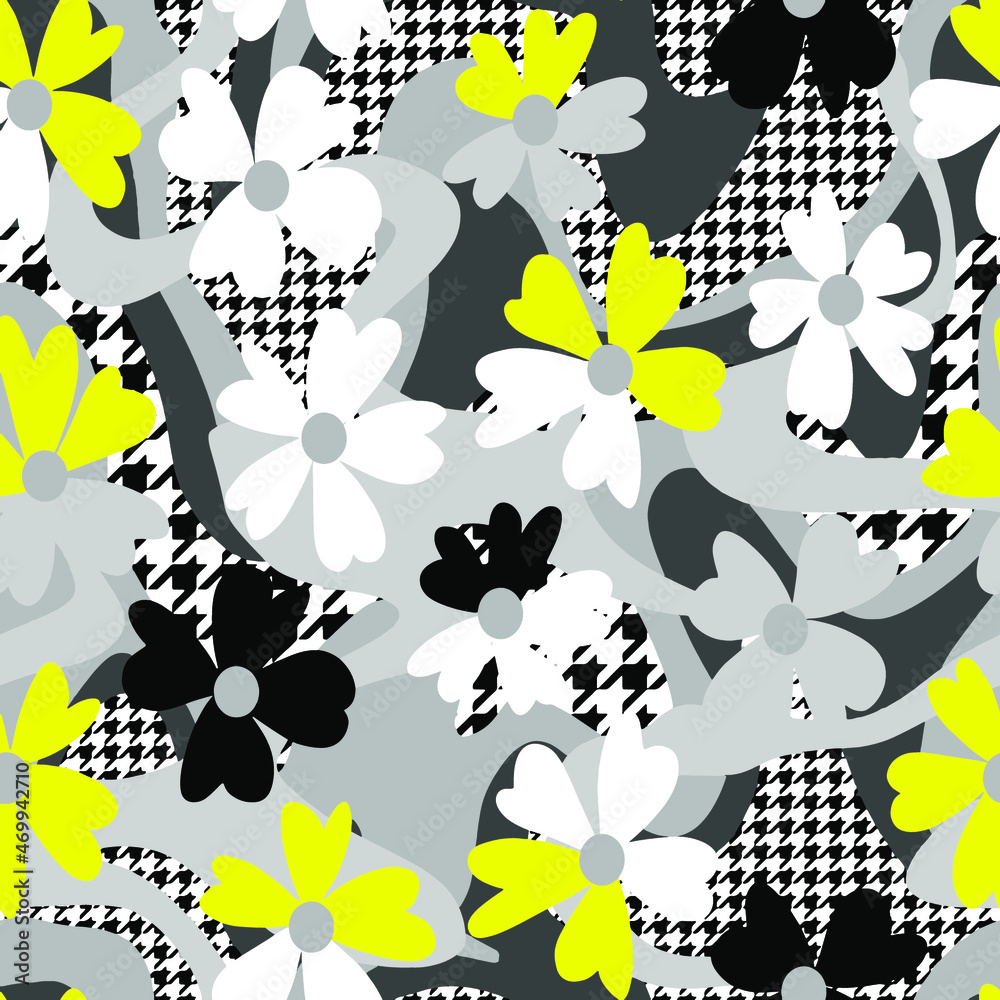 Abstract Hand Drawing Cute Flowers with Wavy Camouflage Stripes Hounds Tooth Geometric Shapes Seamless Patchwork Vector Pattern Isolated Background