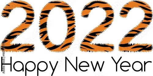 Digit 2022 is tiger-colored. Happy New Year 2022 in the shaggy brindle-colored font. Vector