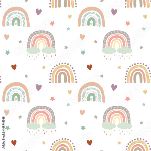 Kids boho pastel rainbow pattern with clouds, rain. Baby boho background. Nursery vector seamless pattern. Nursery wall art baby textile printable paper.. Isolated on white background.