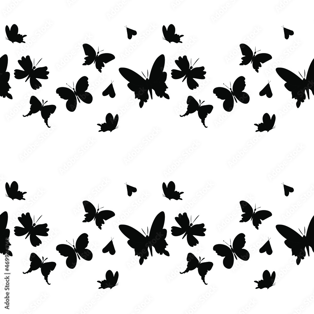 Naklejka premium Seamless vector pattern with black butterflies on transparent isolated background.Decorative,festive,repeating,bright hand drawn style print.Design for textiles,wrapping paper,packaging,fabric.