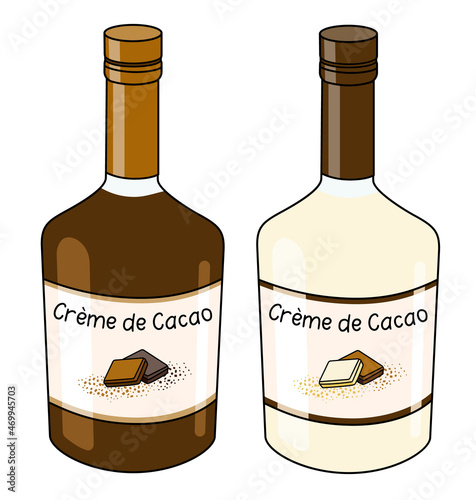 Brown and White sweet French Creme de Cacao chocolate cocoa liqueurs in a bottle. Doodle cartoon hipster style vector illustration. For party card, posters, bar menu or alcohol cook book