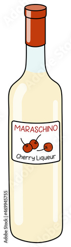 Traditional Italian bitter marasca cherry Maraschino liquor in bottle. Doodle cartoon hipster style vector illustration. For party card, posters, bar menu or alcohol cook book recipe