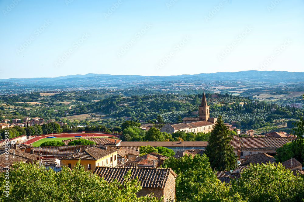 Perugia, Umbria, Italy. August 2021. Amazing panoramic view of the city. Beautiful summer day.