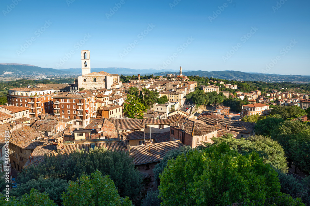 Perugia, Umbria, Italy. August 2021. Amazing panoramic view of the city. Beautiful summer day.
