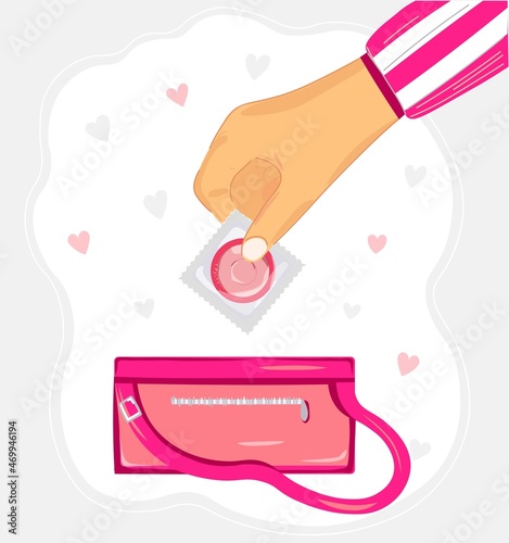 World contaception day poster. The girl puts a condom in her purse, protection against unwanted pregnancy