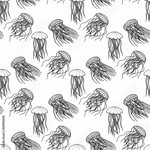 Seamless pattern with creative black-and-white jellyfish on white background. Vector image.
