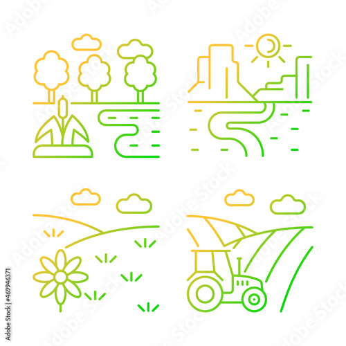 Diverse land types gradient linear vector icons set. Cultivable and barren soil. Plant growing climate condition. Thin line contour symbols bundle. Isolated outline illustrations collection