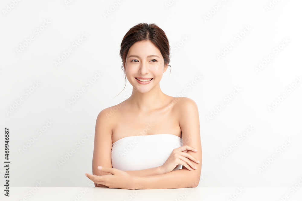 Beautiful young asian woman with clean fresh skin on white background, Face care, Facial treatment, Cosmetology, beauty and spa, Asian women portrait.
