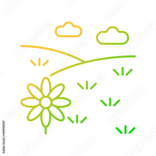 Meadow gradient linear vector icon. Grass covered open land. Field with flowers. Grassland and pastureland. Thin line color symbol. Modern style pictogram. Vector isolated outline drawing