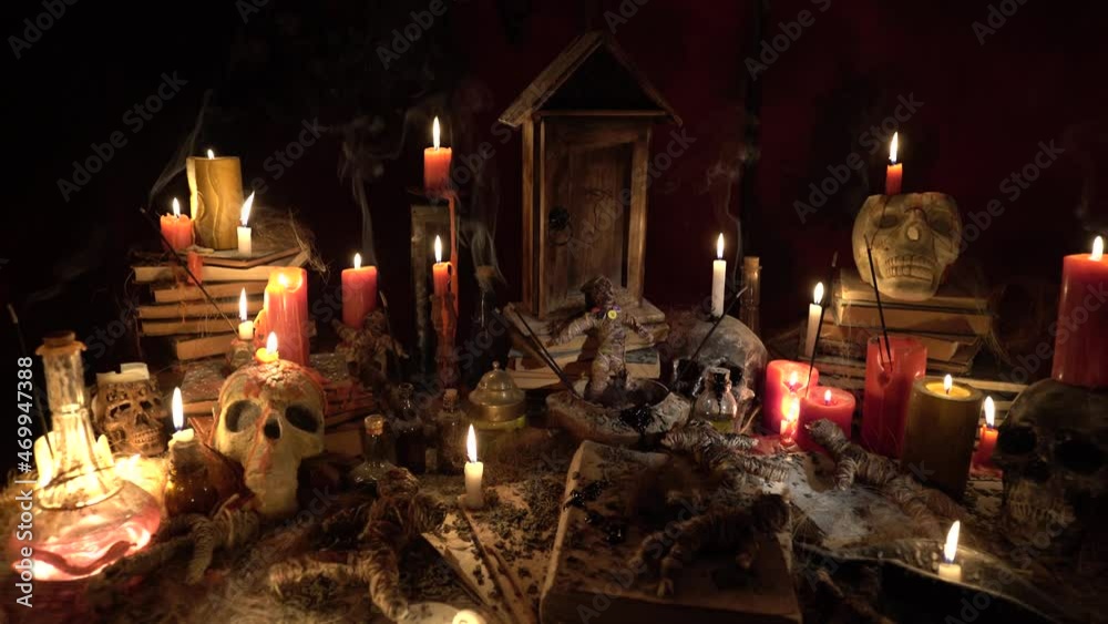Voodoo ritual table. The general appearance of the ritual scene ...