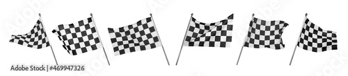 Checkered racing finish flags on white background, collage. Banner design