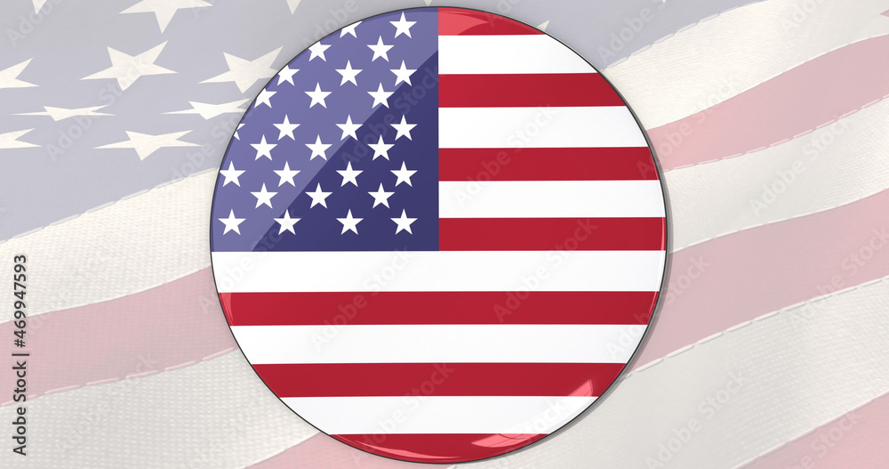 Image of american flag in circle rotating over folded stars and stripes flag