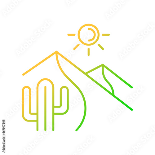 Hot desert gradient linear vector icon. High temperature sandy land. Large dry area. Low precipitation region. Thin line color symbol. Modern style pictogram. Vector isolated outline drawing