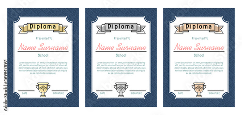 Children's diplomas with a book background and a gold, silver and bronze cup of the winner for 1, 2, 3 prizes. Certificate template, gratitude vertical format. Vector illustration