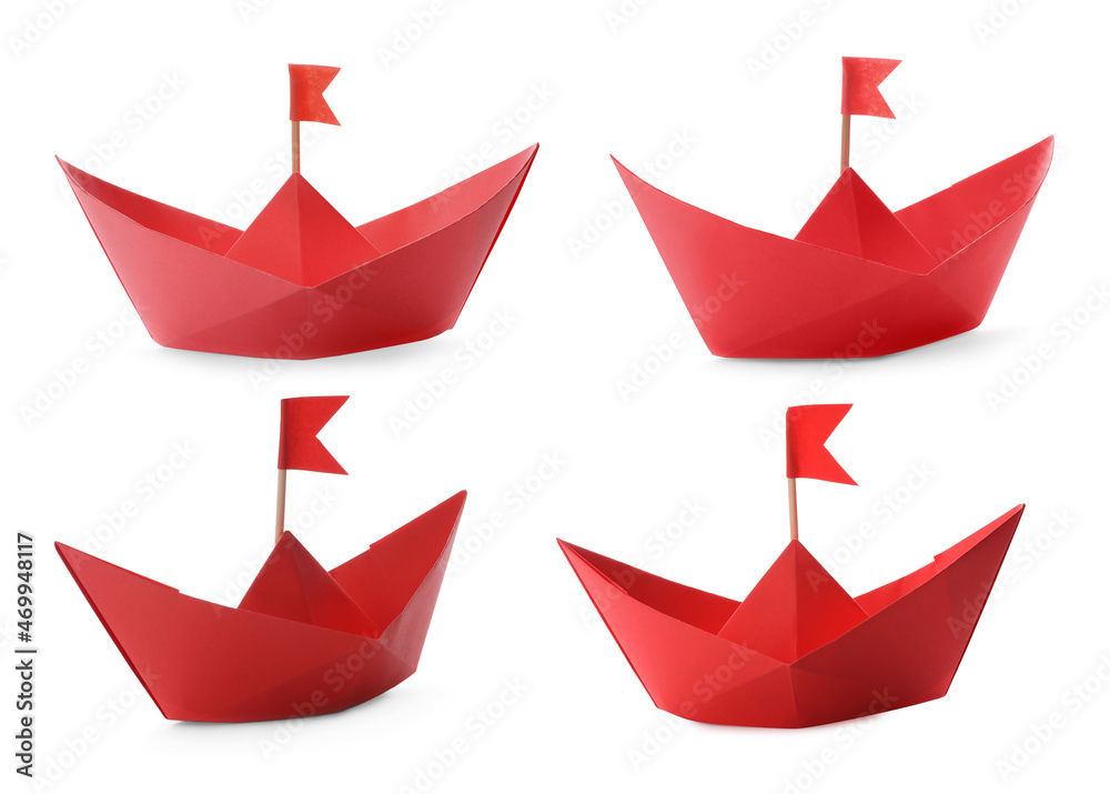 Red paper boats with flags on white background, collage Red paper boats with flags on white background, collage