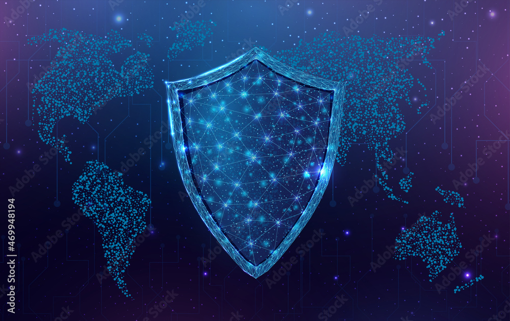 Fototapeta premium Wireframe polygonal shield with globe map. Cyber security, world protection concept with glowing low poly guard. Futuristic modern abstract background. Vector illustration.