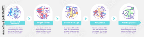 Arthritis prevention vector infographic template. Risk reduction presentation outline design elements. Data visualization with 5 steps. Process timeline info chart. Workflow layout with line icons