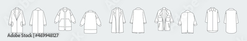 Coat vector template set isolated on a grey background. Front and back view. Outline fashion technical sketch of clothes model.