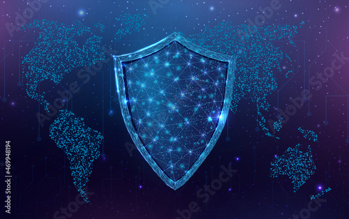 Wireframe polygonal shield with globe map. Cyber security, world protection concept with glowing low poly guard. Futuristic modern abstract background. Vector illustration.