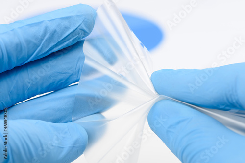 Researcher hold and bend flexible transparent plastic like thin film material in laboratory. Concept of research for material with new properties.