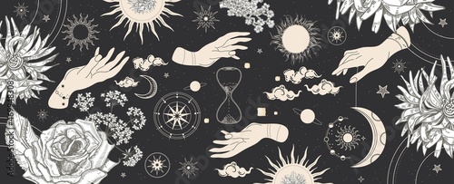 Black magic banner for astrology, fortune telling, horoscopes. Space background.
