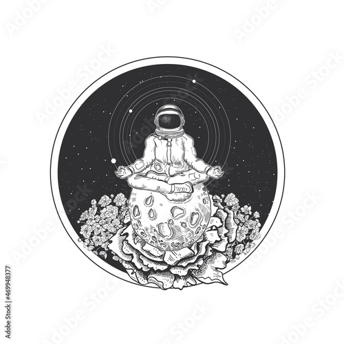 Astronaut in the lotus position, flowers and moon. Meditation in space. Space background.