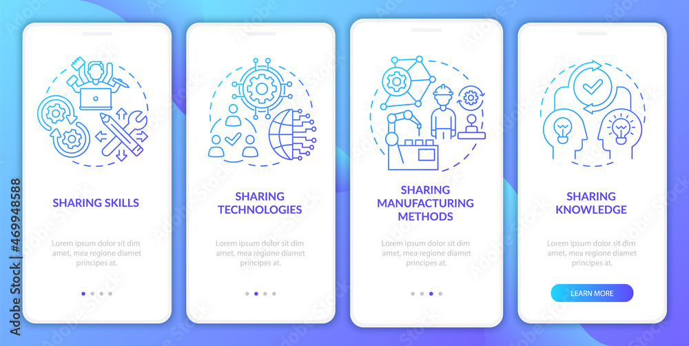 Tech transfer methods onboarding mobile app page screen. Experience exchange walkthrough 4 steps graphic instructions with concepts. UI, UX, GUI vector template with linear color illustrations