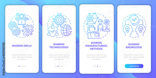 Tech transfer methods onboarding mobile app page screen. Experience exchange walkthrough 4 steps graphic instructions with concepts. UI  UX  GUI vector template with linear color illustrations