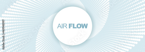 Fresh air swirling background from dotts with round frame for text or logo. Halftone vortex tunnel. Cleand air concept.