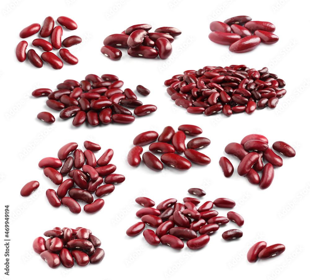 Set with raw red kidney beans on white background Set with raw red kidney beans on white background