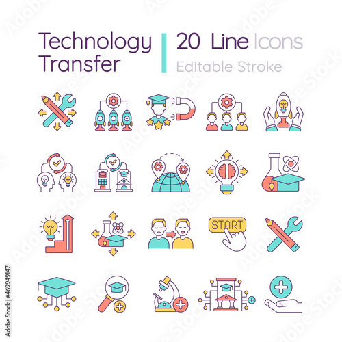 Technology transfer RGB color icons set. Industry innovation and development. Knowledge and skills sharing. Isolated vector illustrations. Simple filled line drawings collection. Editable stroke