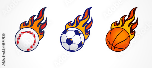 Baseball, football and basketball icons in fire. Vector design for sport team emblem or championship badge. Tournament label signs with baseball, soccer ball and basket ball with flame