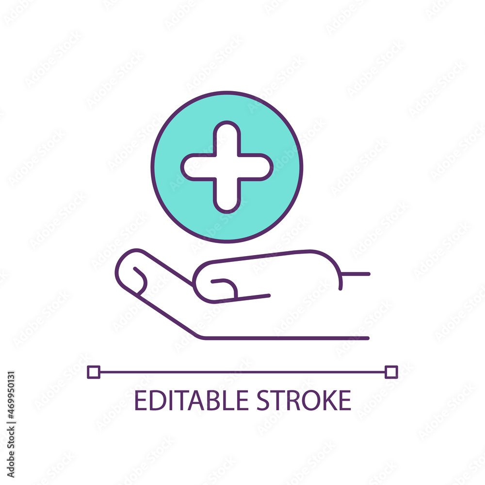Obraz premium Medical care RGB color icon. Health protection. Get emergency help. Hand holding cross. Isolated vector illustration. Simple filled line drawing. Editable stroke