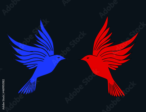 Two flying birds on dark background vector illustration. Birds facing each other . © HIMA T K