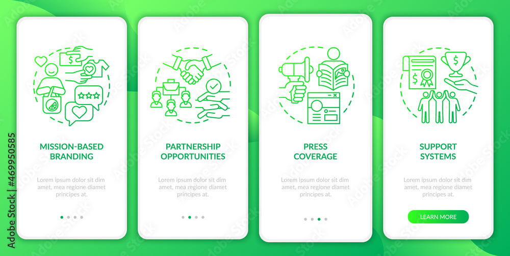 Advantages for social enterprise green gradient onboarding mobile app page screen. Walkthrough 4 steps graphic instructions with concepts. UI, UX, GUI vector template with linear color illustrations