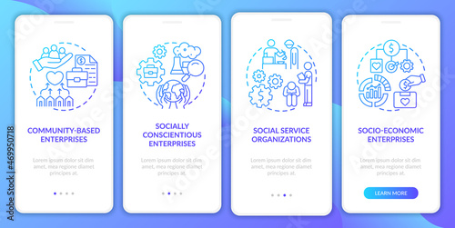 Social entrepreneur focus blue gradient onboarding mobile app page screen. Walkthrough 4 steps graphic instructions with concepts. UI  UX  GUI vector template with linear color illustrations